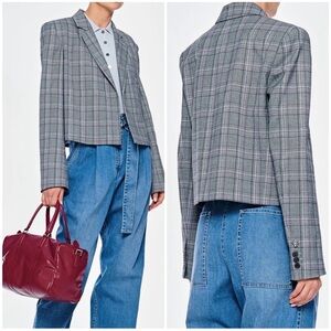 TIBI James Menswear Check Button-Front Cropped Blazer